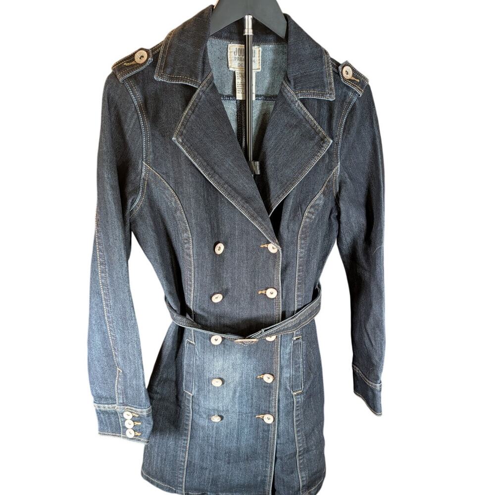 JouJou Belted Denim Trench Coat Jacket Medium Double Breasted Y2K